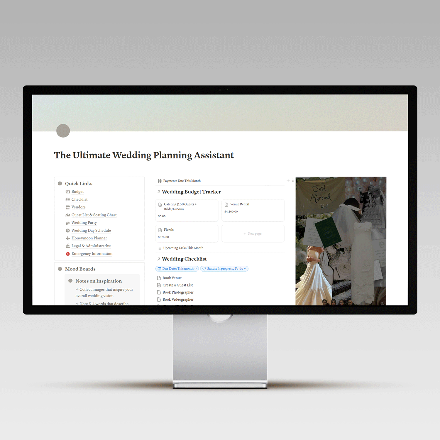 A desktop monitor displaying 'The Ultimate Wedding Planning Assistant' digital dashboard, featuring detailed sections for budget tracking, a comprehensive wedding checklist, quick links, and a column of inspirational wedding photos.