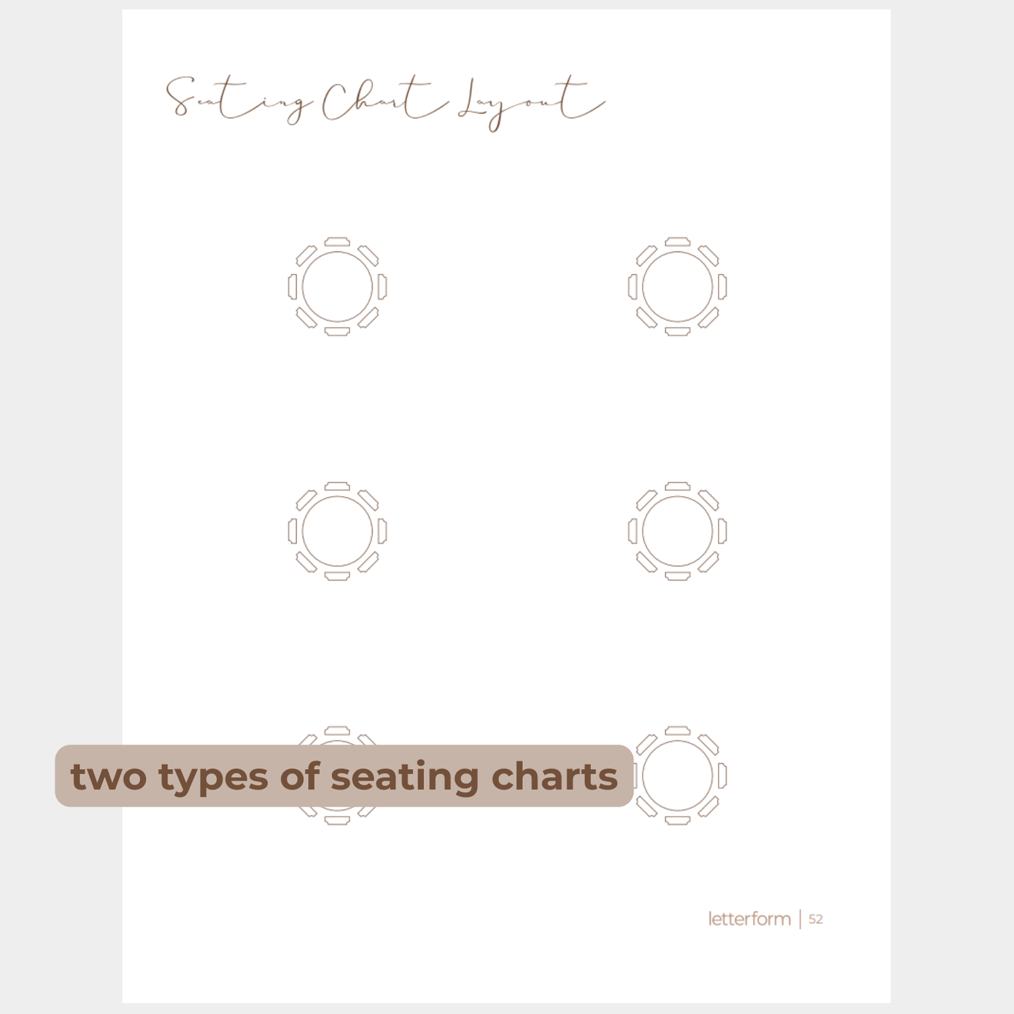 A view showing the seating chart layout with round tables, rectangles are included as well