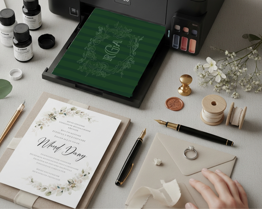 Beautiful flat lay showing a white wedding invitation with floral design emerging from an ink-tank printer's tray, alongside refillable ink bottles, green eucalyptus, a golden wax seal, and a wedding ring, illustrating DIY home printing.