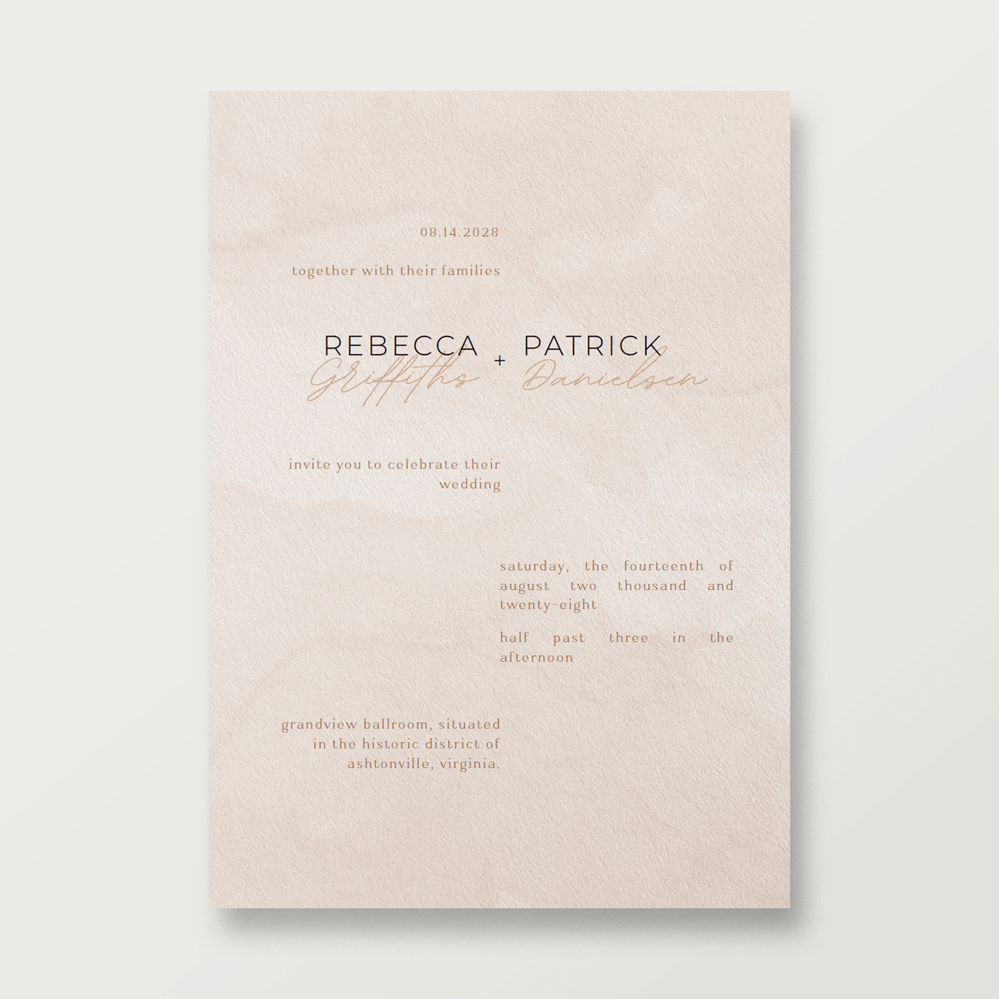 Modern Desert Blush & Rosewater Vertical Wedding Invite Templates 