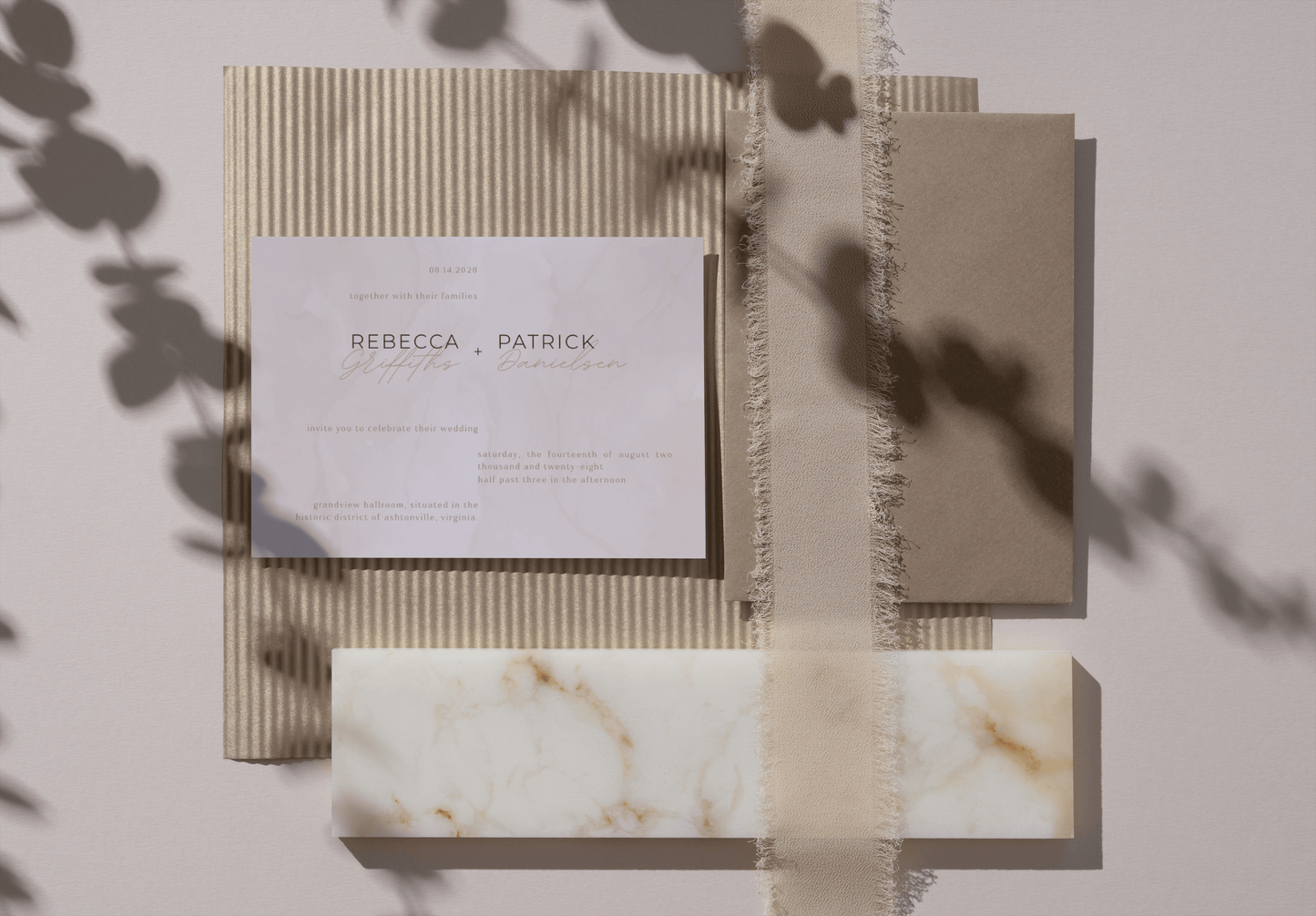Modern Desert Blush & Rosewater Horizontal Wedding Invite Template