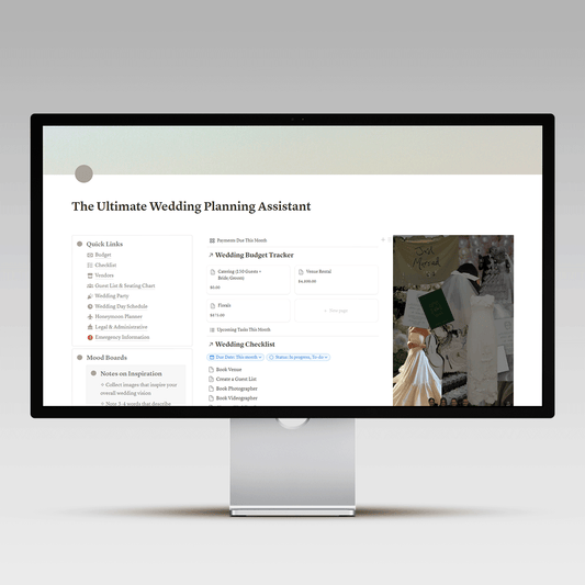 A desktop monitor displaying 'The Ultimate Wedding Planning Assistant' digital dashboard, featuring detailed sections for budget tracking, a comprehensive wedding checklist, quick links, and a column of inspirational wedding photos.