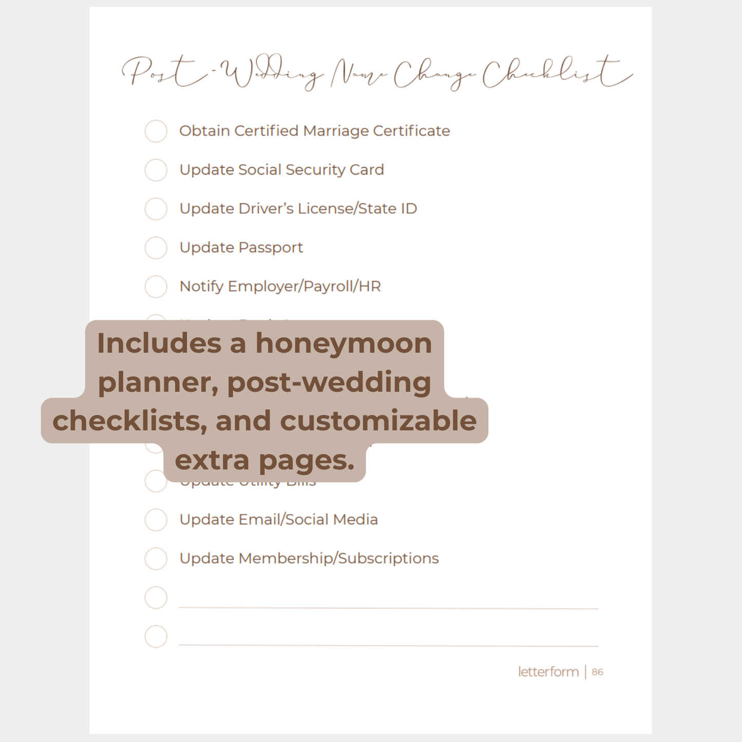 View of the Post-wedding name change checklist with a note on some of the other cool sections it includes like a honeymoon planner and customizable extra pages