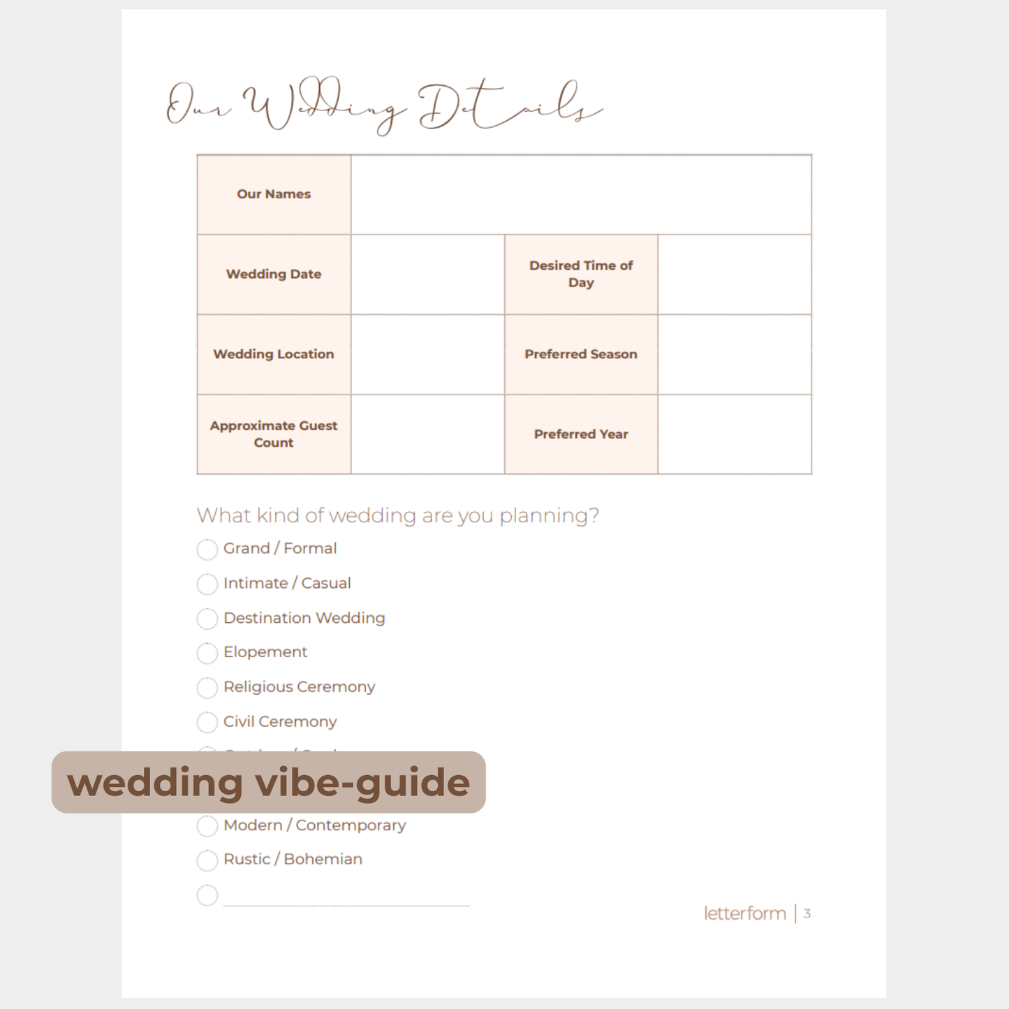 A view of the wedding detail overview page
