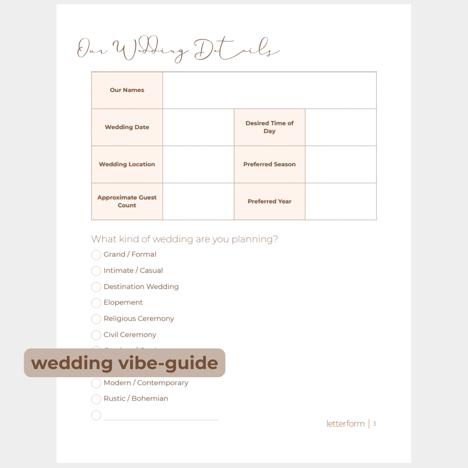 A view of the wedding detail overview page