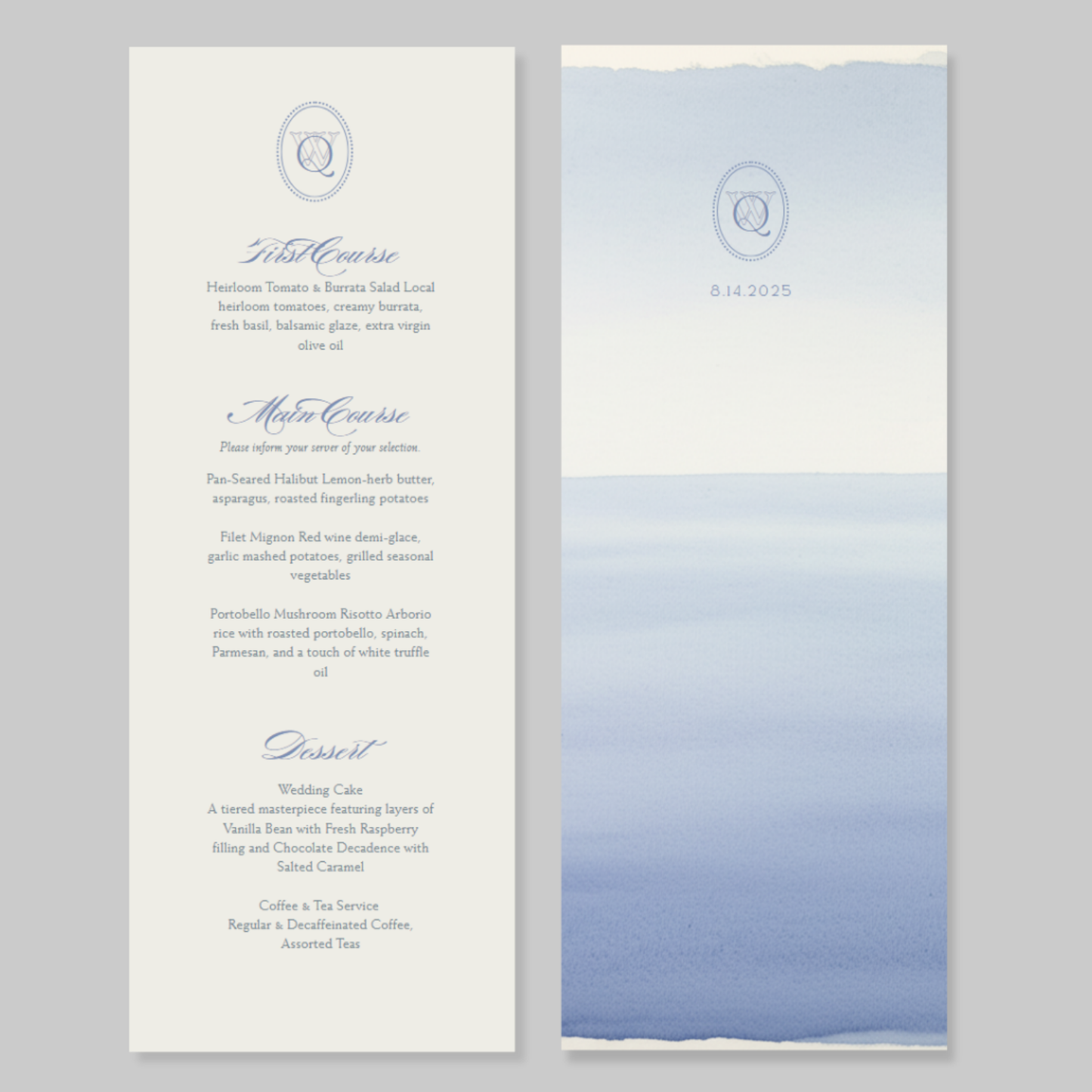 Vintage Blue Wedding Table Stationery Pack showing a menu template. It's in a soft classic coastal blue style with a watercolor motifs.
