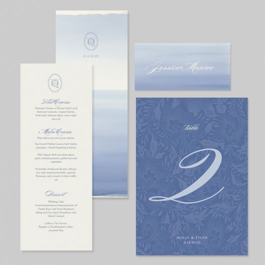 Vintage Blue Wedding Table Stationery Pack showing a menu template, a table number pack, and a place card. It's in a soft classic coastal blue style with floral patterns and watercolor motifs.