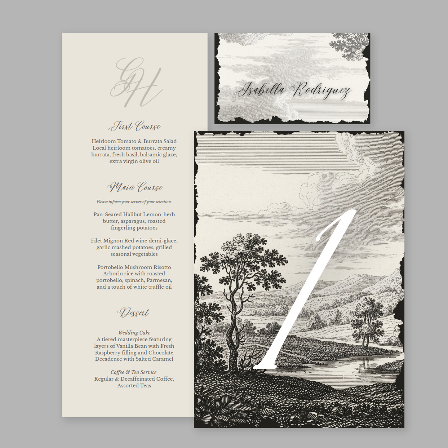 Weathered Ivory Wedding Table Stationery Pack including a menu template, place card template, and table numbers in a vintage etched ink style
