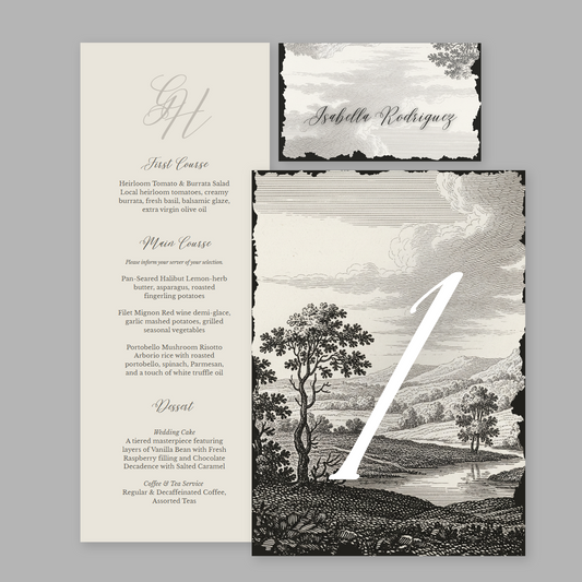 Weathered Ivory Wedding Table Stationery Pack including a menu template, place card template, and table numbers in a vintage etched ink style